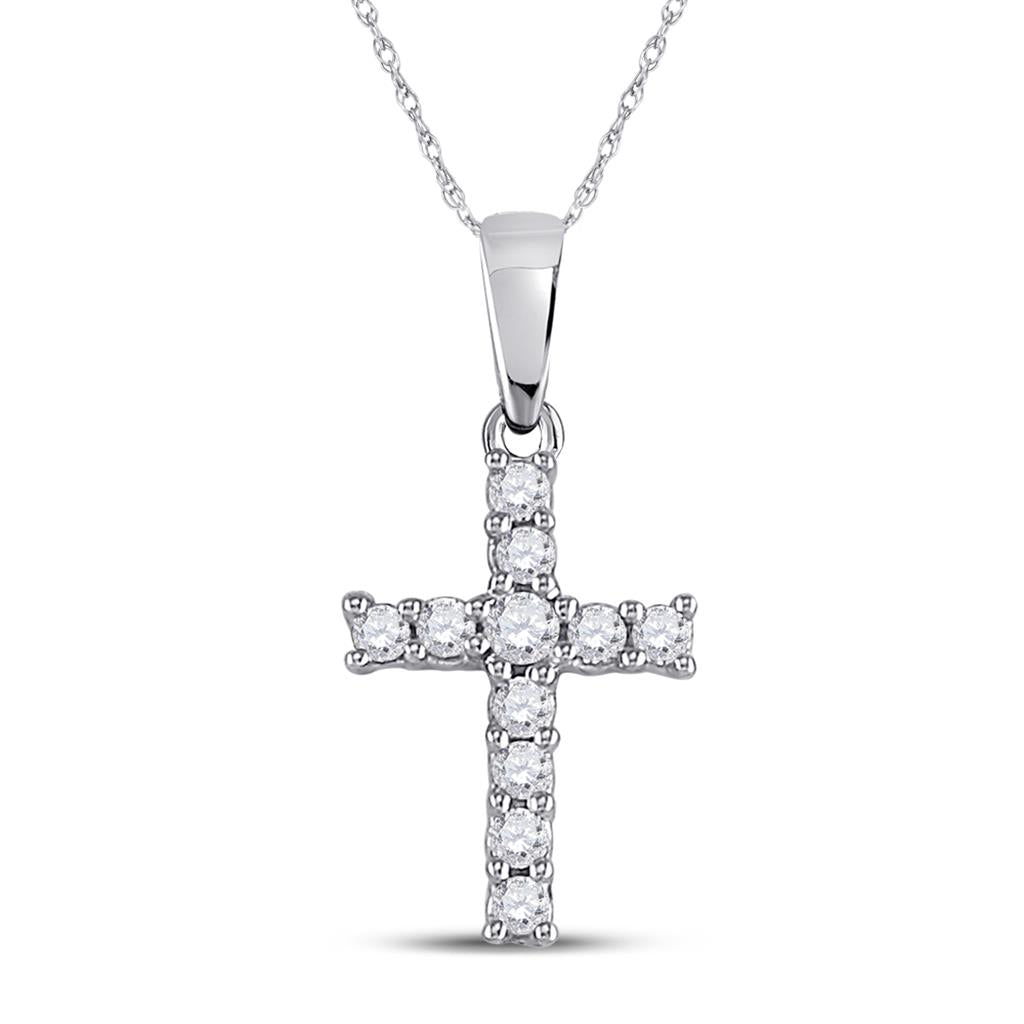14k White Gold Round Diamond Cross Pendant 1/10 Cttw