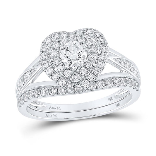 14k White Gold Round Diamond Heart Bridal Wedding Ring Set 1 Ctw