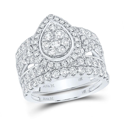 14k White Gold Round Diamond Pear Bridal Wedding Ring Set 3 Cttw