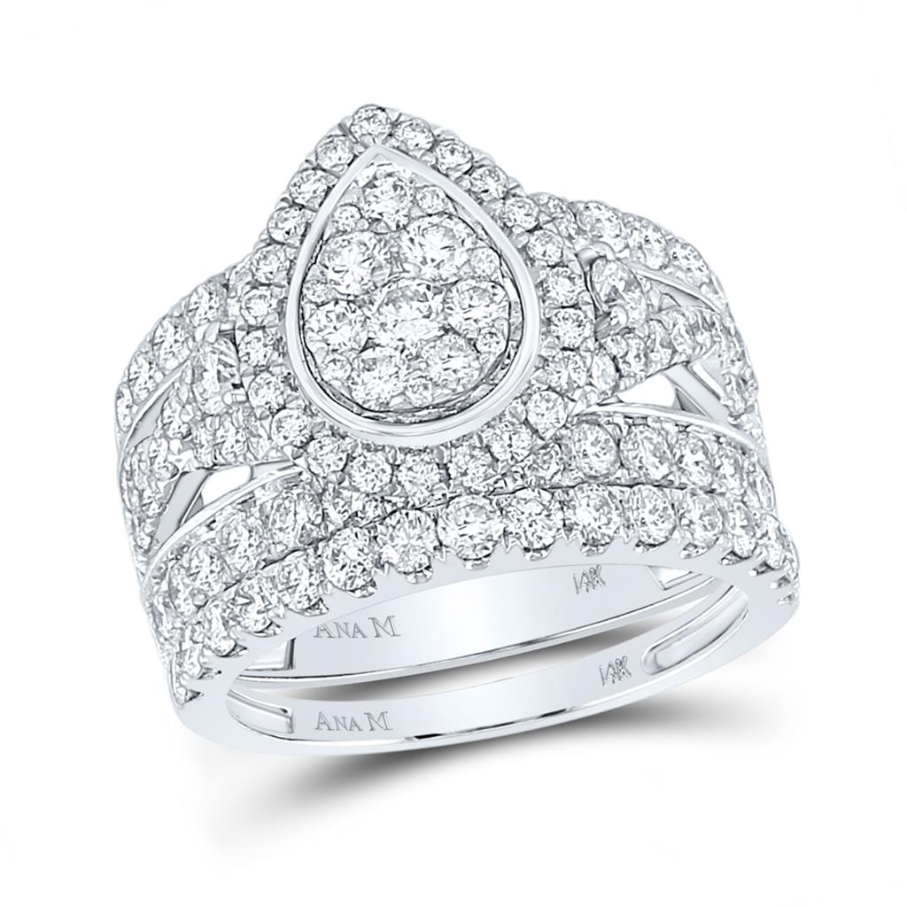 14k White Gold Round Diamond Pear Bridal Wedding Ring Set 3 Cttw
