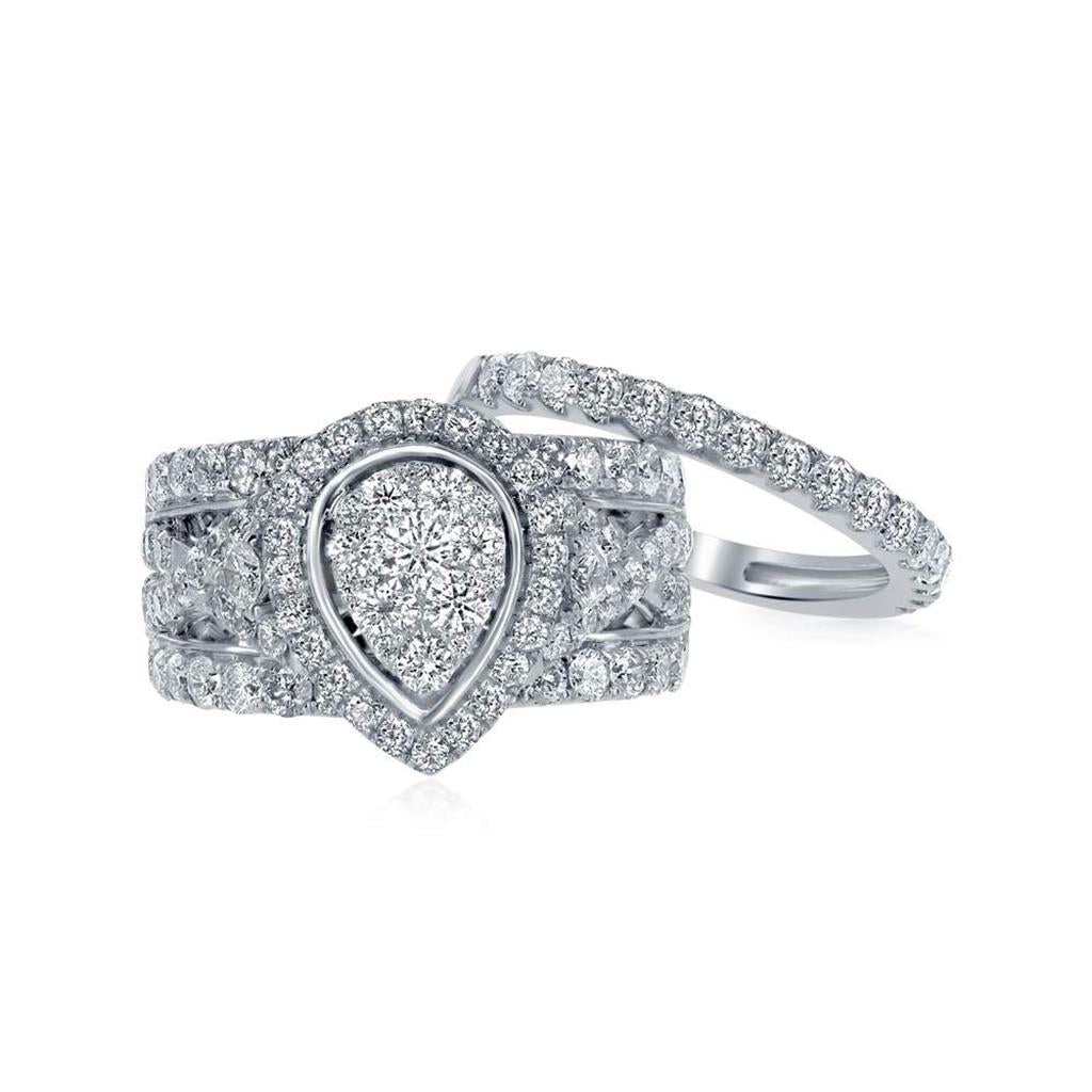 14k White Gold Round Diamond Pear Bridal Wedding Ring Set 3 Cttw