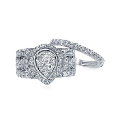 14k White Gold Round Diamond Pear Bridal Wedding Ring Set 3 Cttw