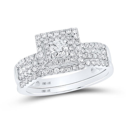 14k White Gold Round Diamond Bridal Wedding Ring Set 7/8 Cttw