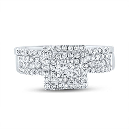 14k White Gold Round Diamond Bridal Wedding Ring Set 7/8 Cttw