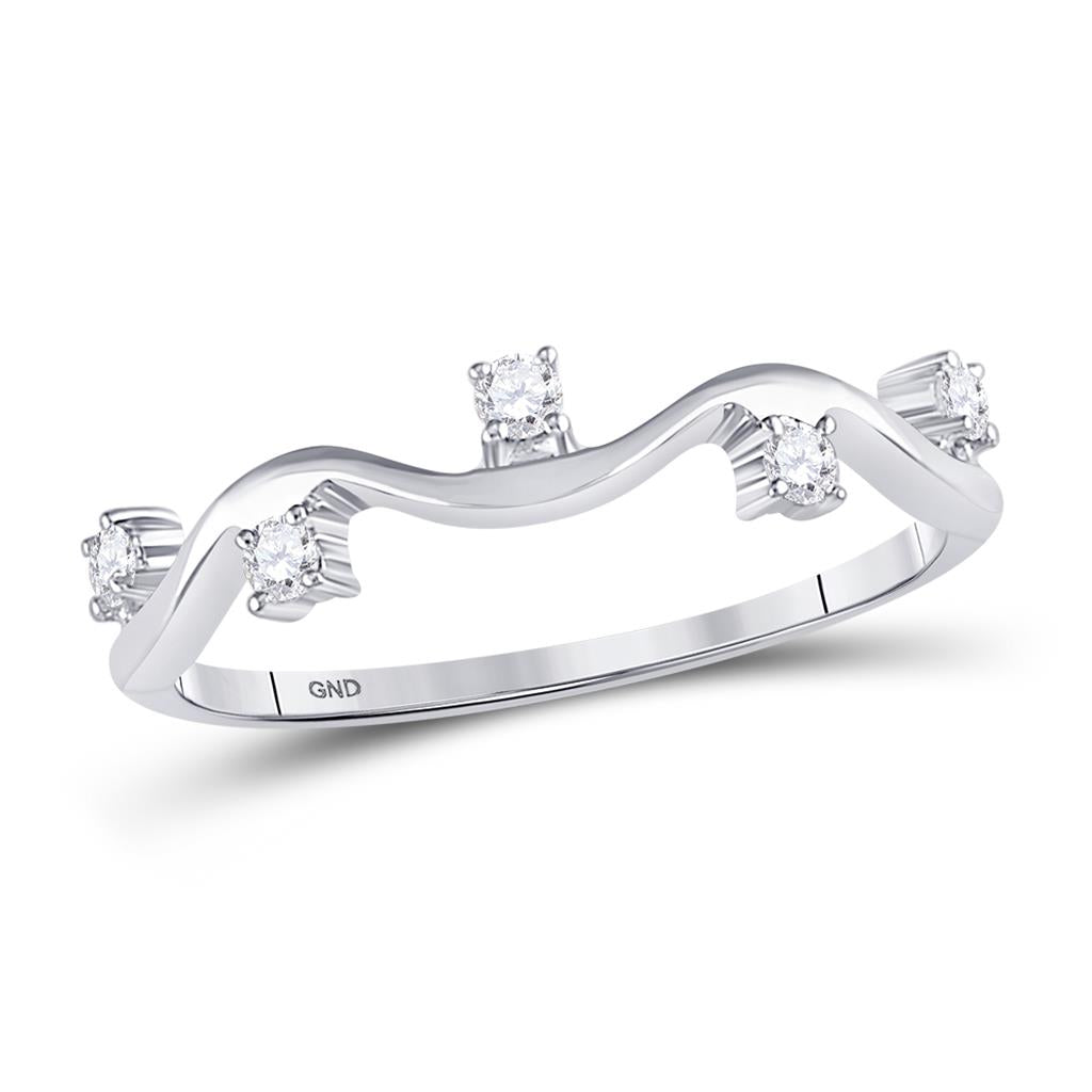 14k White Gold Round Diamond Wave Stackable Band Ring 1/8 Cttw