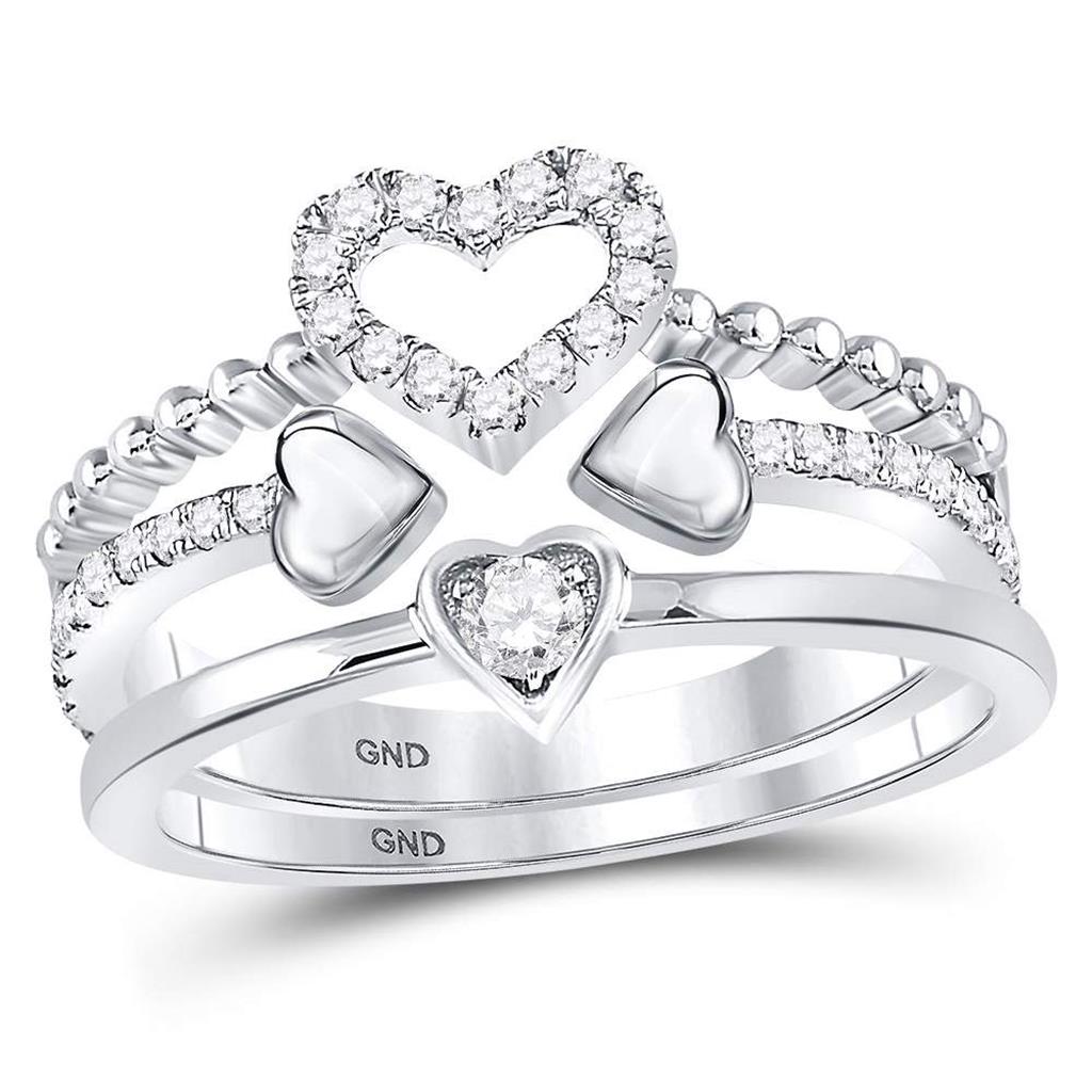 14k White Gold Round Diamond 2-Piece Beaded Heart Band Ring Set 1/3 Cttw