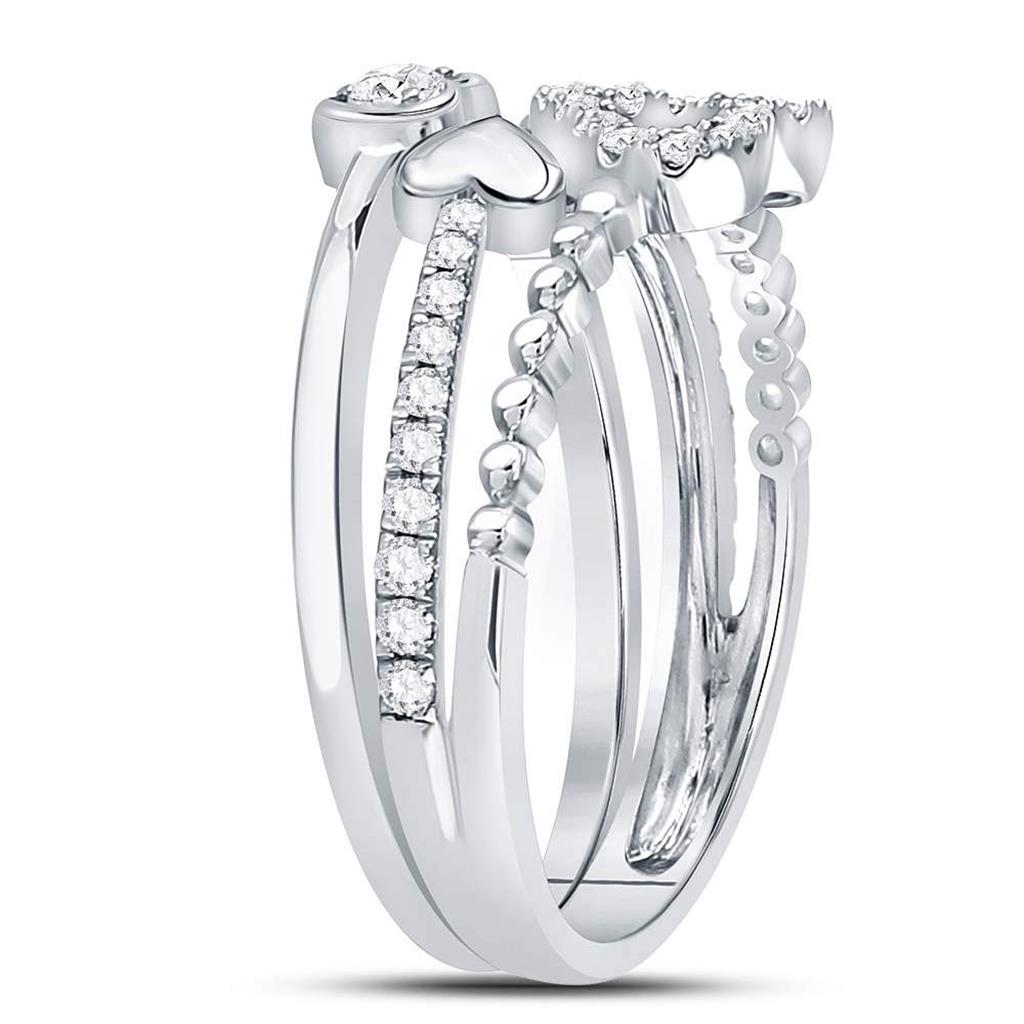 14k White Gold Round Diamond 2-Piece Beaded Heart Band Ring Set 1/3 Cttw