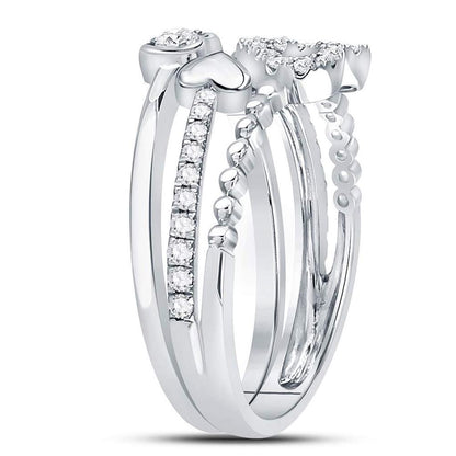 14k White Gold Round Diamond 2-Piece Beaded Heart Band Ring Set 1/3 Cttw