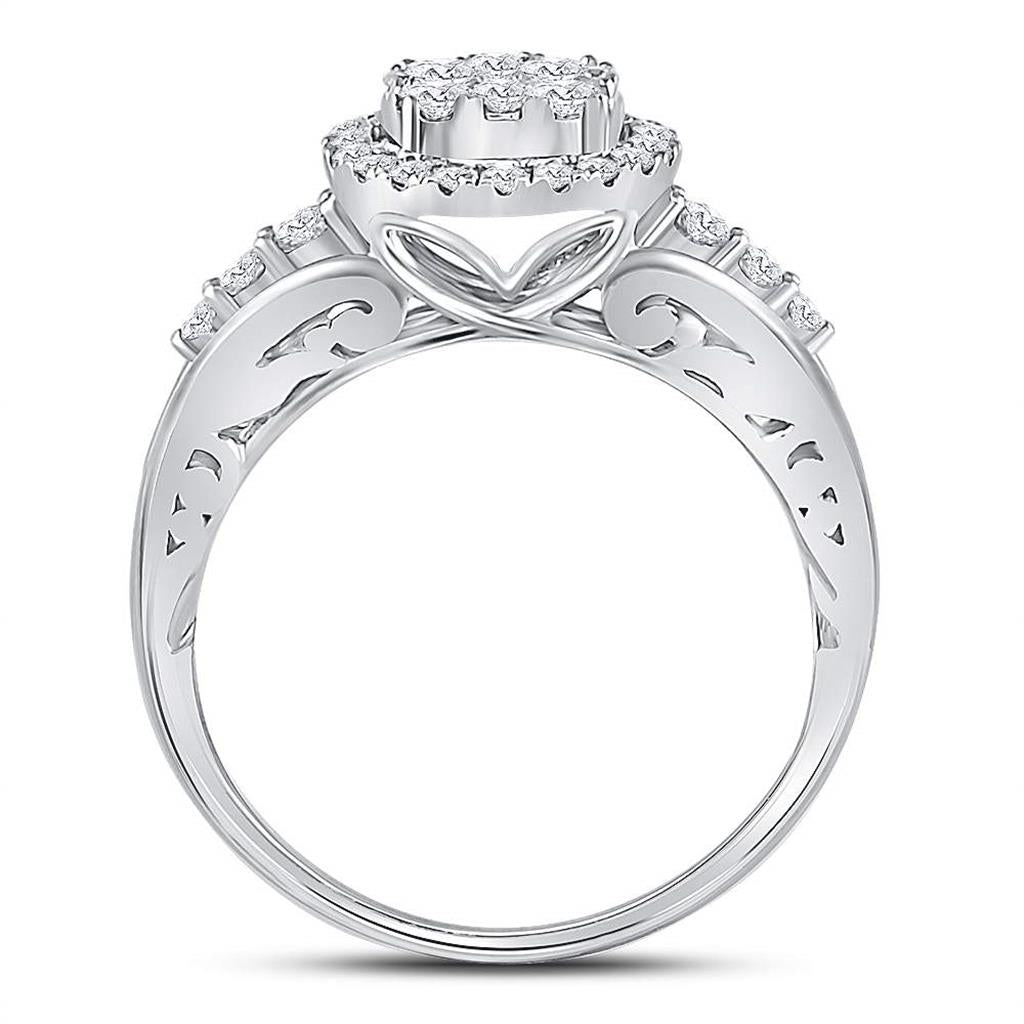 14k White Gold Round Diamond Cluster Bridal Engagement Ring 3/4 Cttw