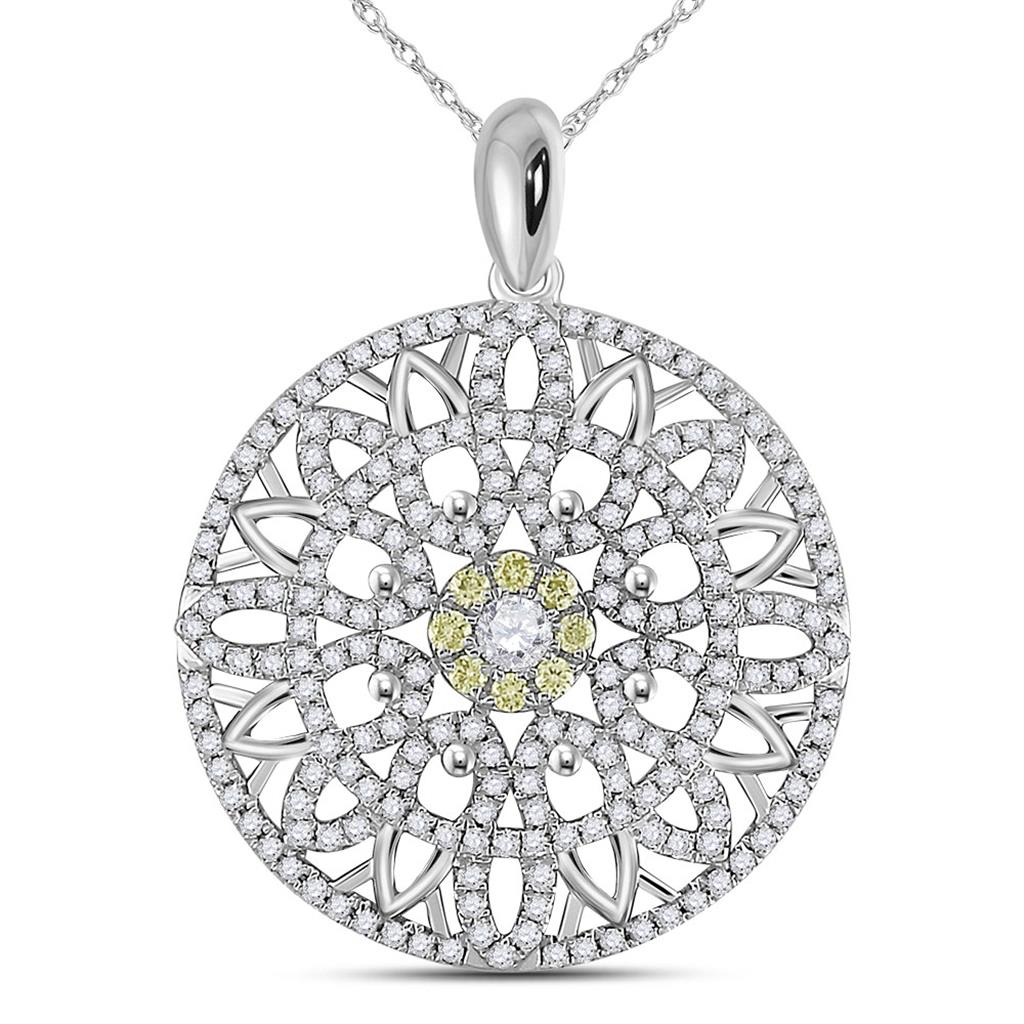 14k White Gold Round Diamond Mandala Circle Pendant 1 Cttw