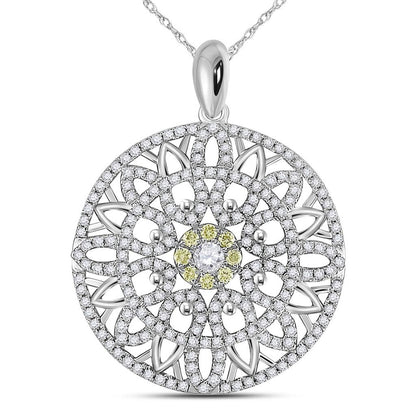 14k White Gold Round Diamond Mandala Circle Pendant 1 Cttw