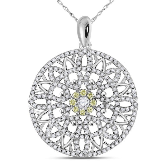 14k White Gold Round Diamond Mandala Circle Pendant 1 Cttw