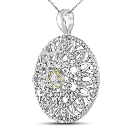 14k White Gold Round Diamond Mandala Circle Pendant 1 Cttw