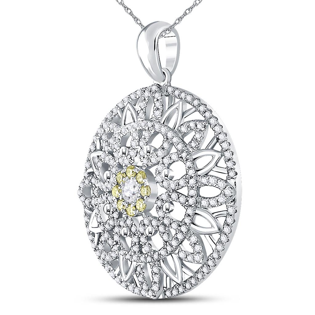 14k White Gold Round Diamond Mandala Circle Pendant 1 Cttw