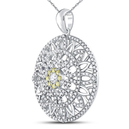 14k White Gold Round Diamond Mandala Circle Pendant 1 Cttw