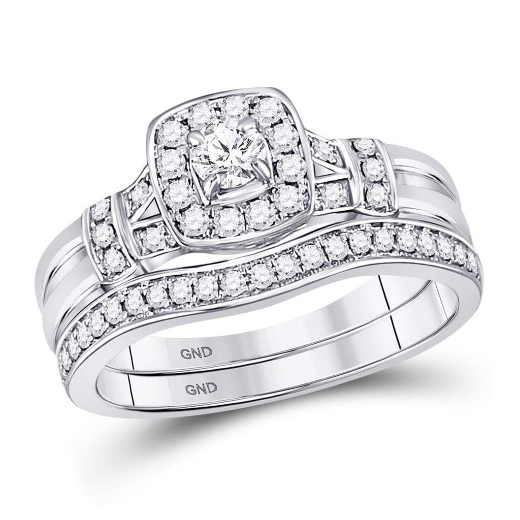 14k White Gold Round Diamond Square Bridal Wedding Ring Set 1/2 Cttw