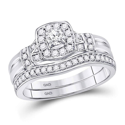 14k White Gold Round Diamond Square Bridal Wedding Ring Set 1/2 Cttw