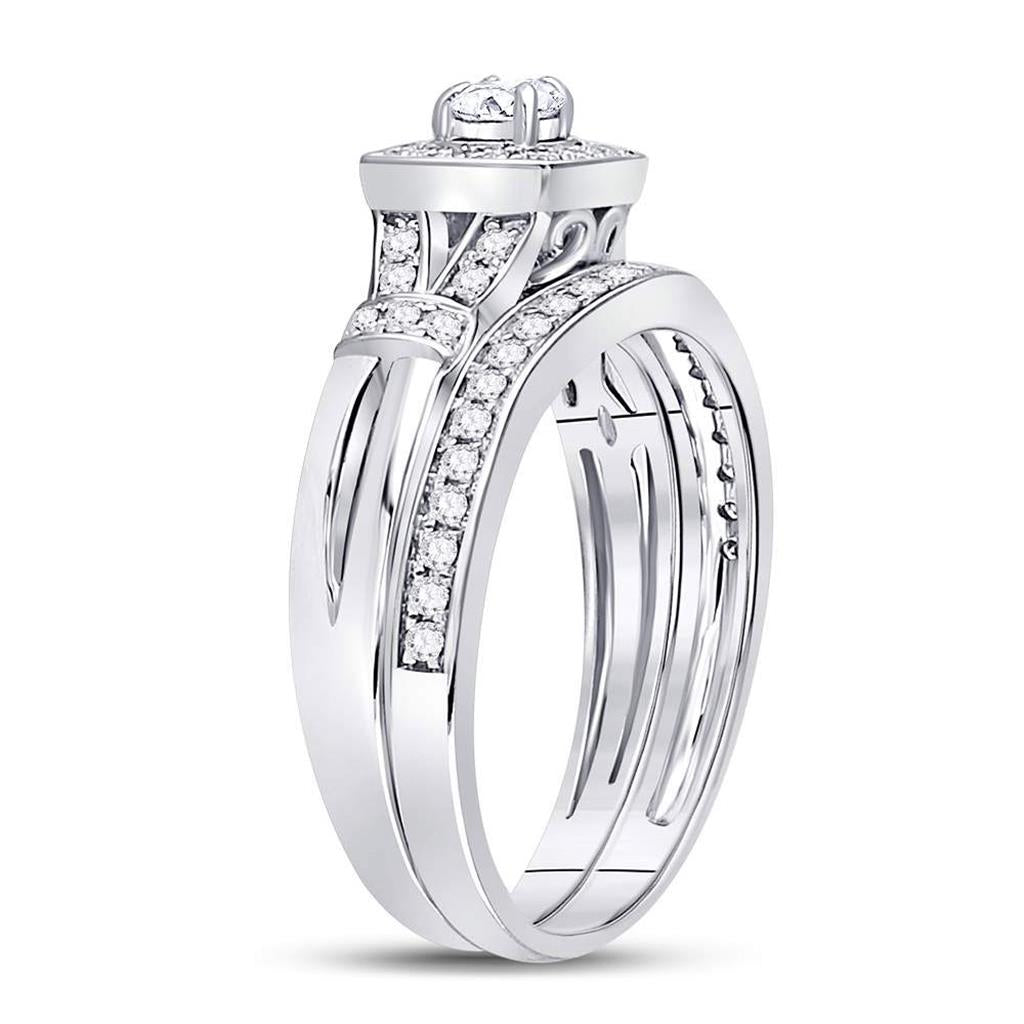 14k White Gold Round Diamond Square Bridal Wedding Ring Set 1/2 Cttw