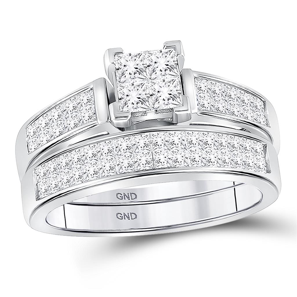 14k White Gold Princess Diamond Cluster Bridal Wedding Ring Set 1 Cttw