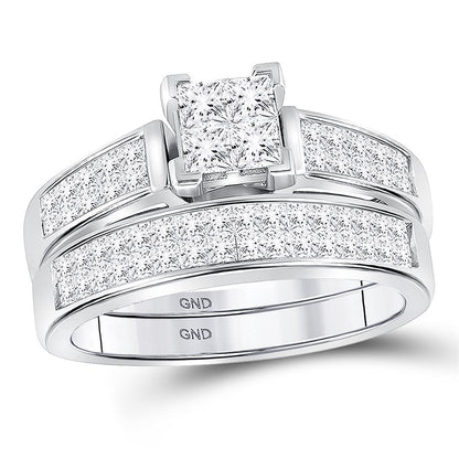 14k White Gold Princess Diamond Cluster Bridal Wedding Ring Set 1 Cttw