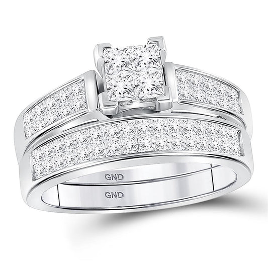 14k White Gold Princess Diamond Cluster Bridal Wedding Ring Set 1 Cttw