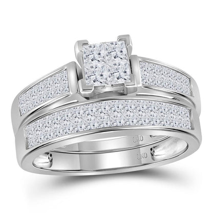 14k White Gold Princess Diamond Cluster Bridal Wedding Ring Set 1 Cttw