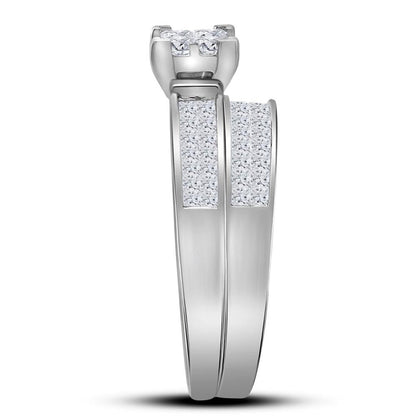 14k White Gold Princess Diamond Cluster Bridal Wedding Ring Set 1 Cttw