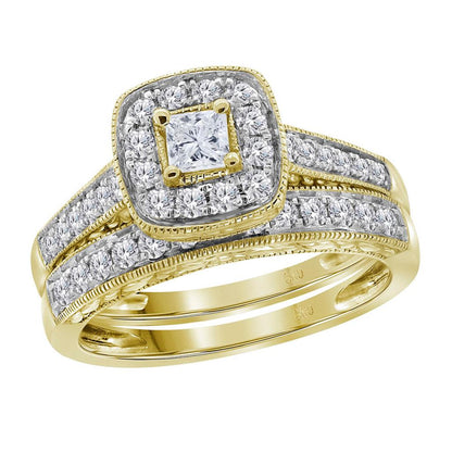 14k Yellow Gold Princess Diamond Bridal Wedding Ring Set 3/4 Cttw