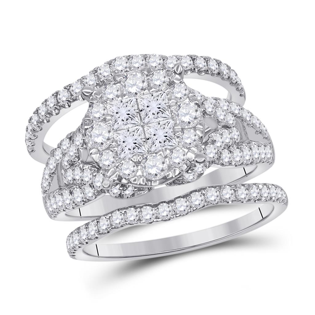 14k White Gold Princess Diamond Bridal Wedding Ring Set 2 Cttw