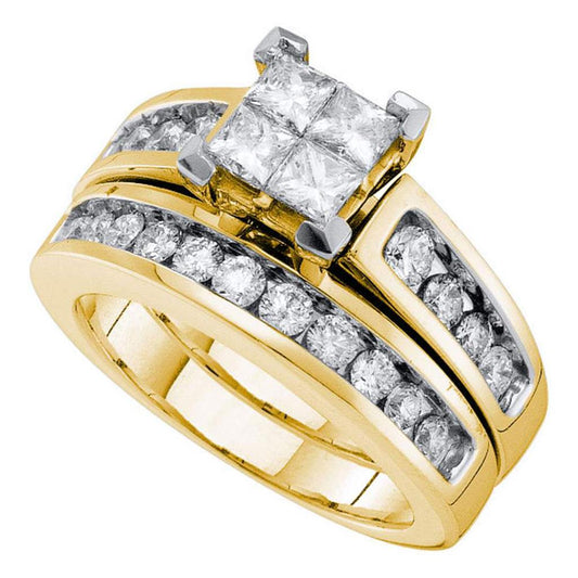 14k Yellow Gold Diamond Princess Bridal Wedding Ring Set 1-1/2 Cttw