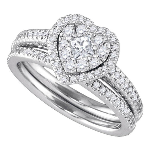 14k White Gold Princess Diamond Heart Halo Wedding Bridal Ring Set 3/4 Cttw