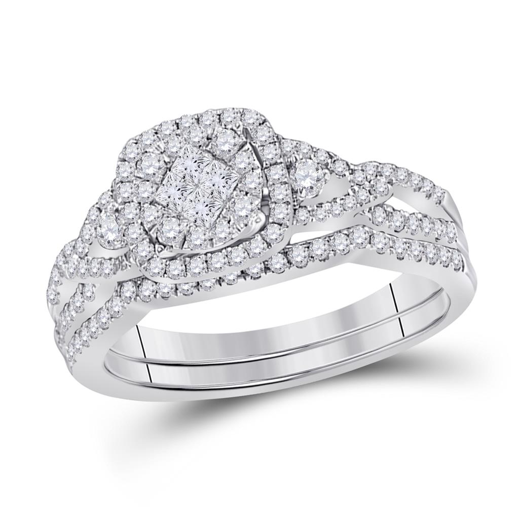 14k White Gold Princess Diamond Bridal Wedding Ring Set 3/4 Cttw