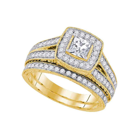 14k Yellow Gold Diamond Princess Halo Bridal Wedding Ring Set 1-1/4 Cttw
