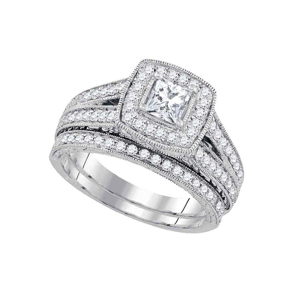 14k White Gold Princess Diamond Halo Bridal Wedding Ring Set 1-1/4 Cttw