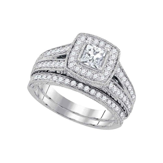 14k White Gold Princess Diamond Halo Bridal Wedding Ring Set 1-1/4 Cttw