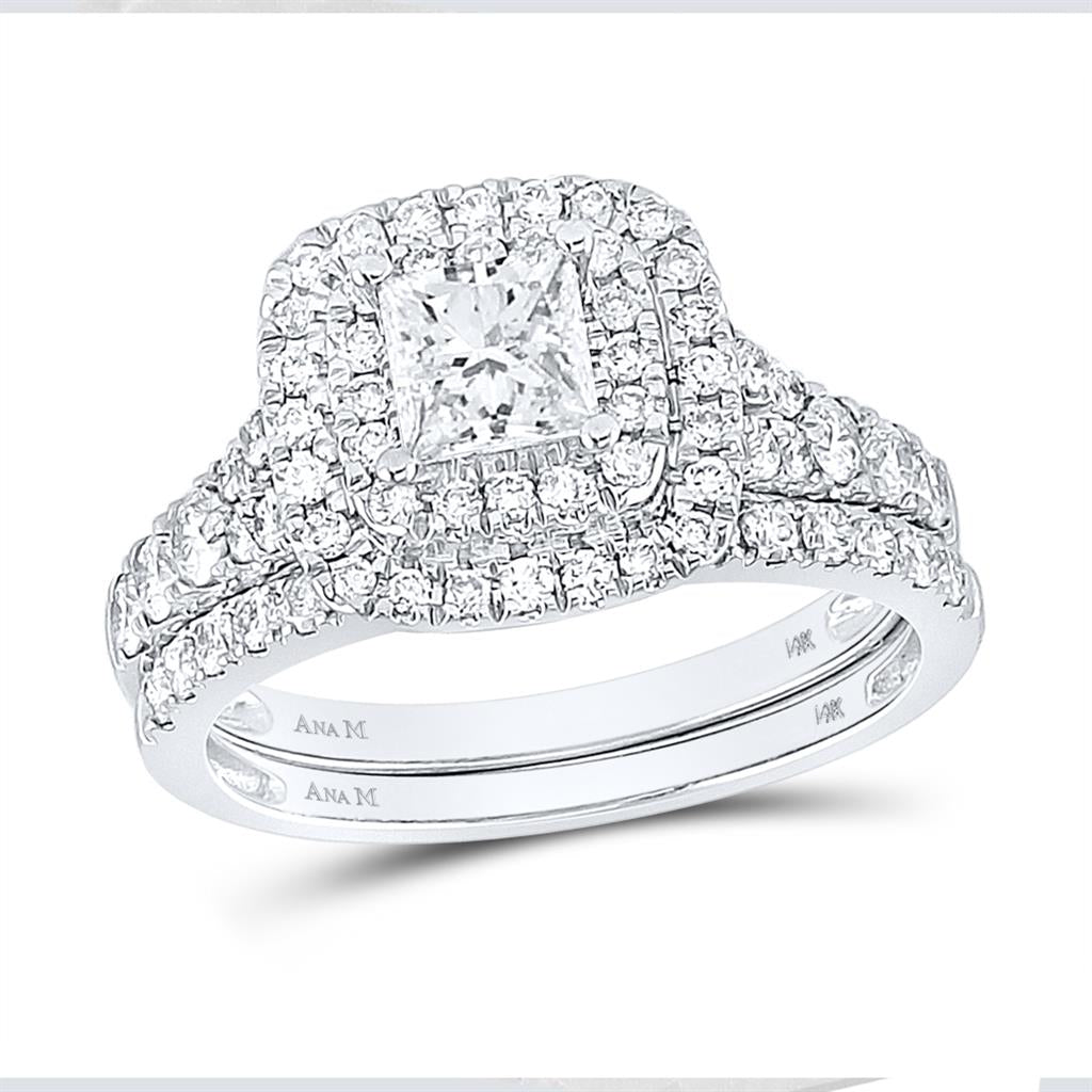 14k White Gold Princess Diamond Halo Bridal Wedding Ring Set 1-1/2 Cttw (Certified)