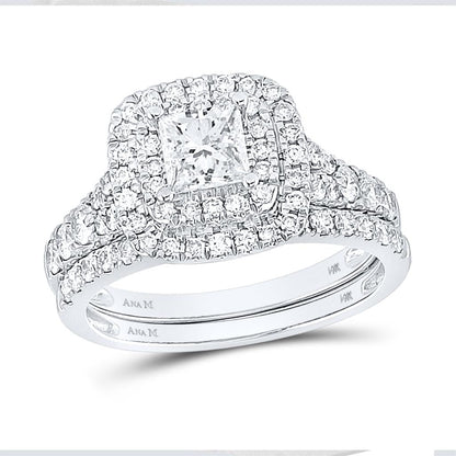 14k White Gold Princess Diamond Halo Bridal Wedding Ring Set 1-1/2 Cttw (Certified)
