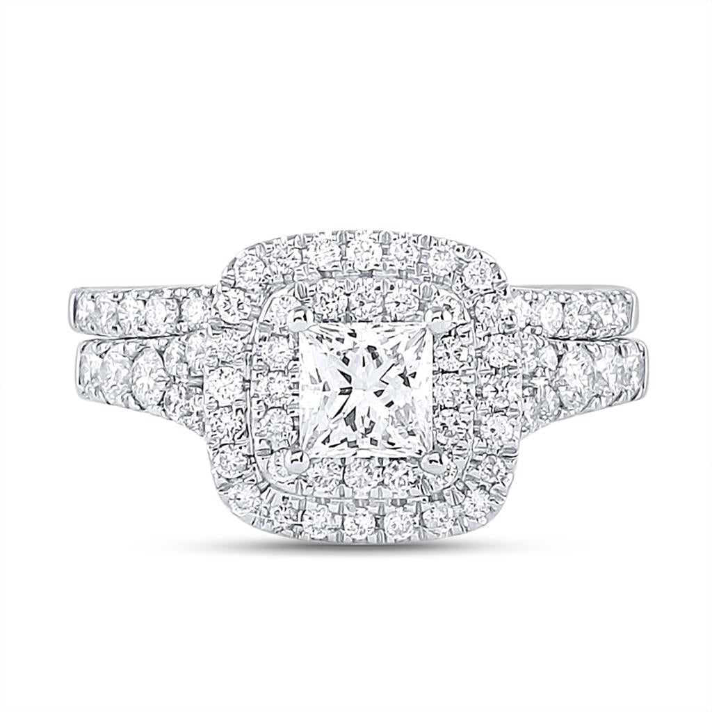 14k White Gold Princess Diamond Halo Bridal Wedding Ring Set 1-1/2 Cttw (Certified)