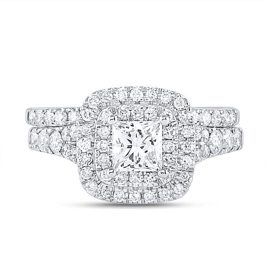 14k White Gold Princess Diamond Halo Bridal Wedding Ring Set 1-1/2 Cttw (Certified)