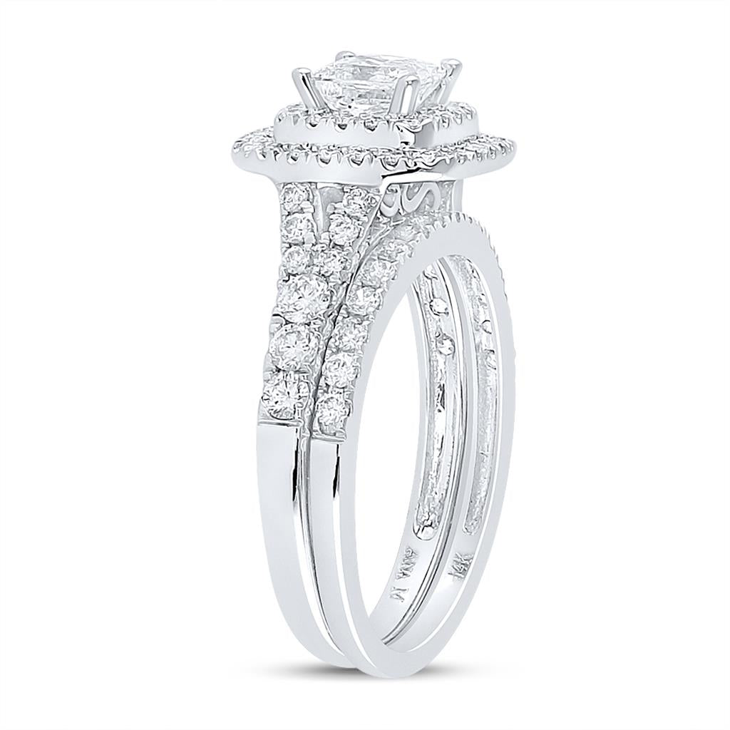 14k White Gold Princess Diamond Halo Bridal Wedding Ring Set 1-1/2 Cttw (Certified)