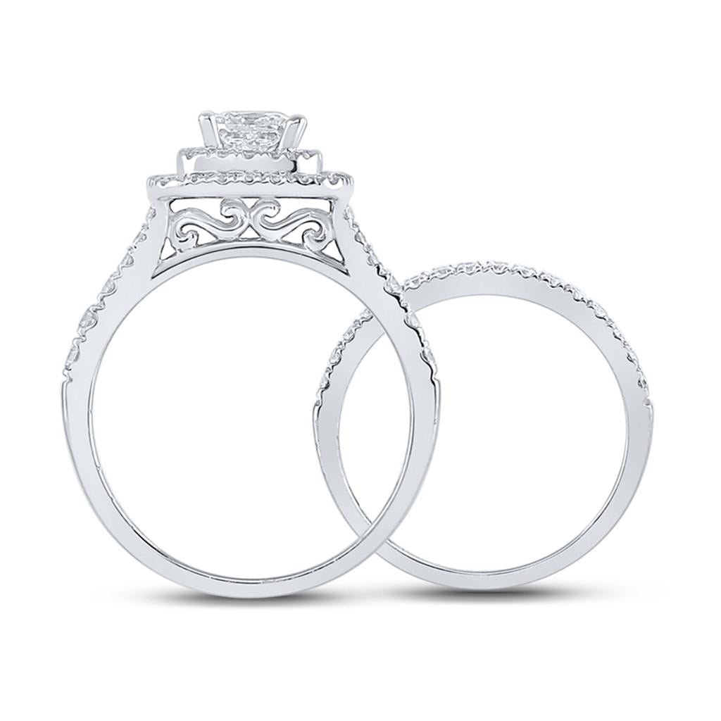 14k White Gold Princess Diamond Halo Bridal Wedding Ring Set 1-1/2 Cttw (Certified)