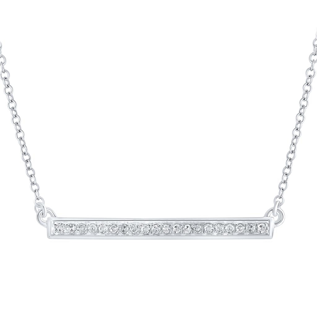 14k White Gold Round Diamond Bar Pendant Chain Necklace 1/10 Cttw