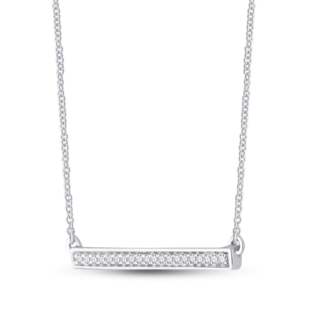 14k White Gold Round Diamond Bar Pendant Chain Necklace 1/10 Cttw