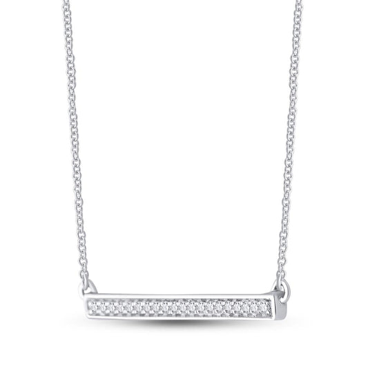 14k White Gold Round Diamond Bar Pendant Chain Necklace 1/10 Cttw