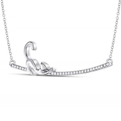 14k White Gold Diamond Kitty Cat Bar Pendant Necklace 1/10 Cttw