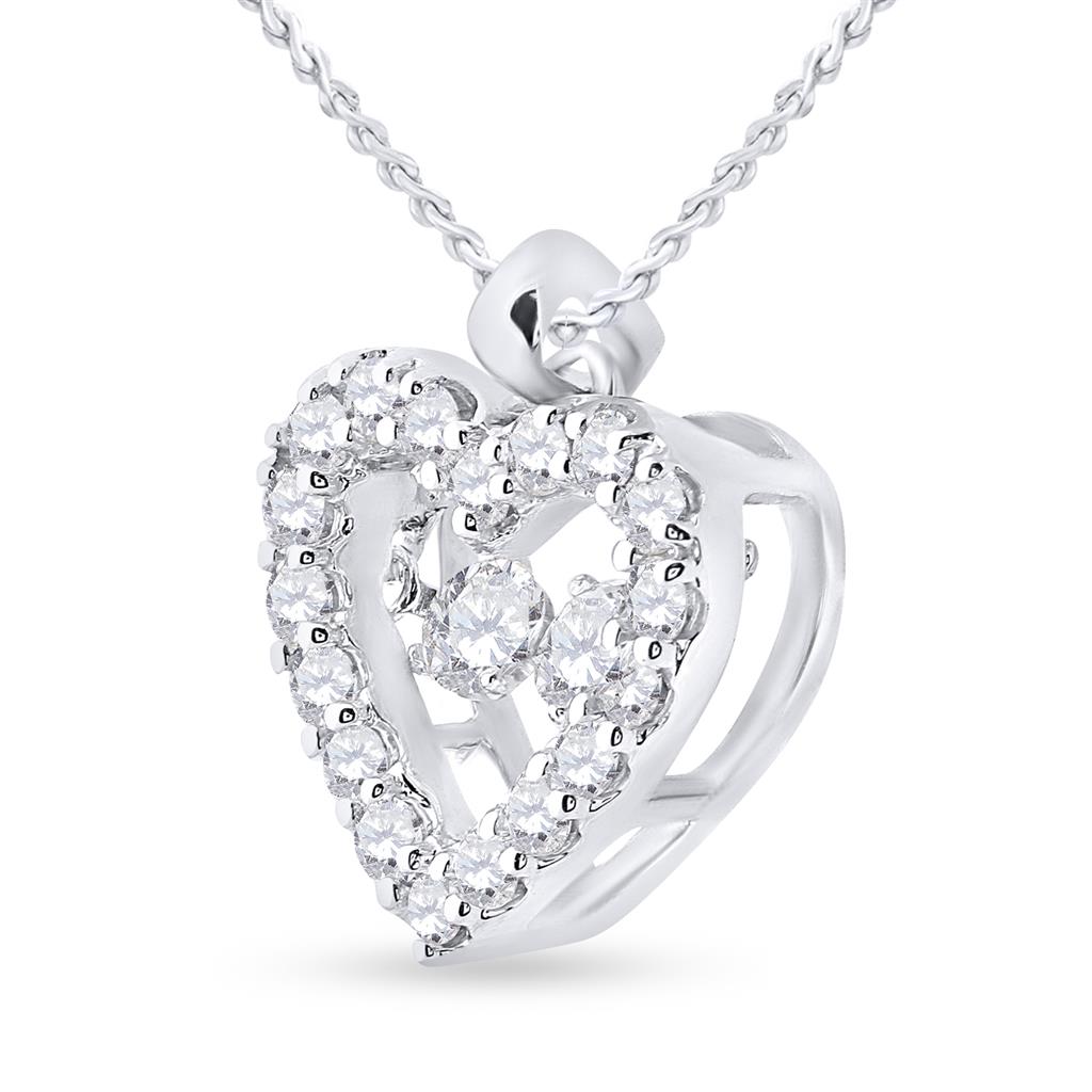 14k White Gold Round Diamond Moving Twinkle Heart Pendant 1/2 Cttw