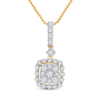 14k Yellow Gold Round Diamond Square Dangle Cluster Pendant 1/2 Cttw
