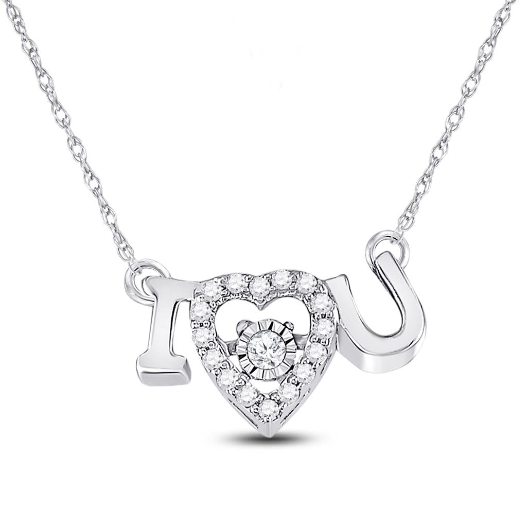 14kt White Gold Round Diamond I Love U Heart Pendant Necklace 1/10 Cttw