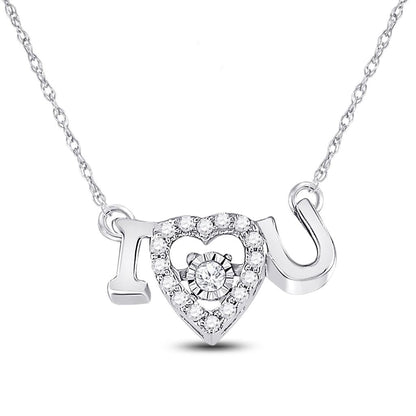 14kt White Gold Round Diamond I Love U Heart Pendant Necklace 1/10 Cttw