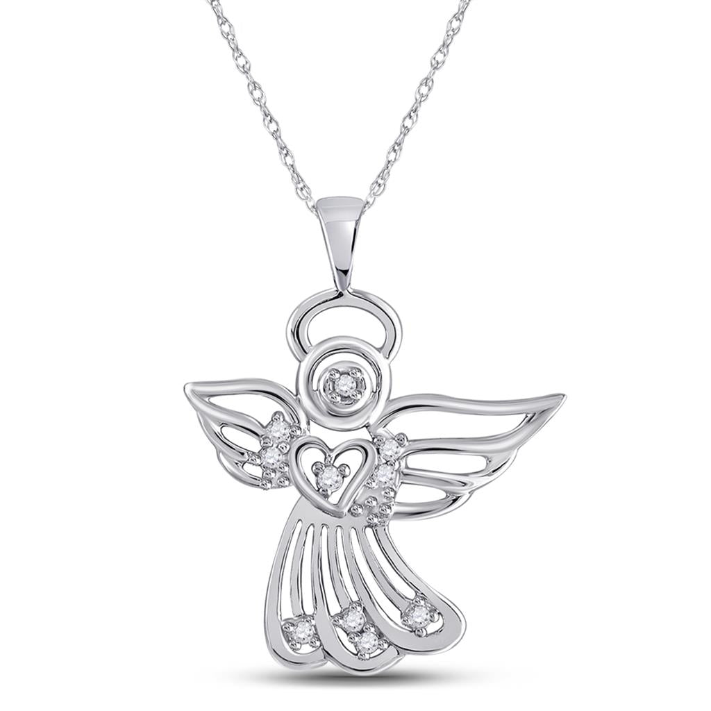 14k White Gold Round Diamond Guardian Angel Pendant 1/10 Cttw